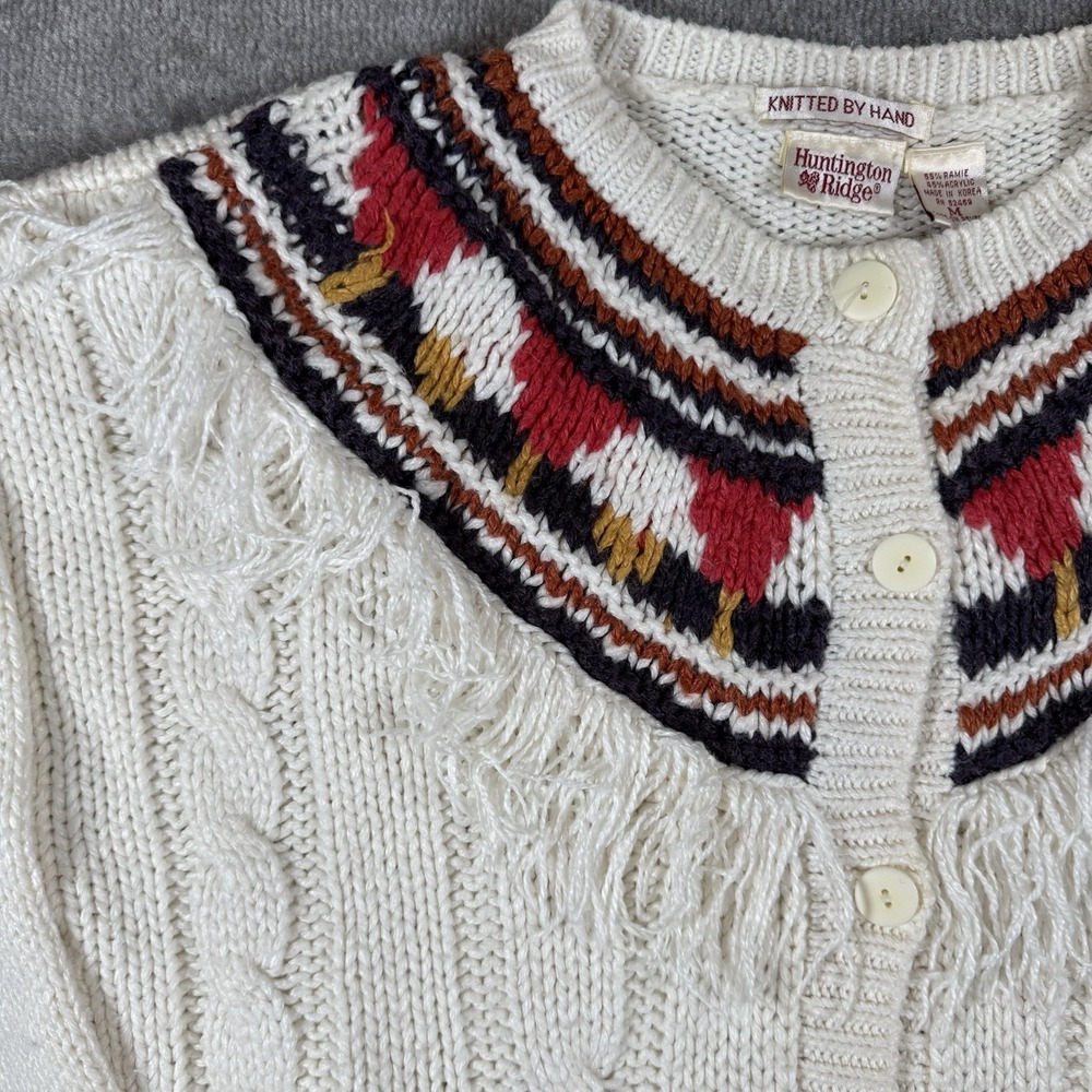 Vintage Chunky Western Cardigan Sweater Women's Medium White Fringe Cable Knit